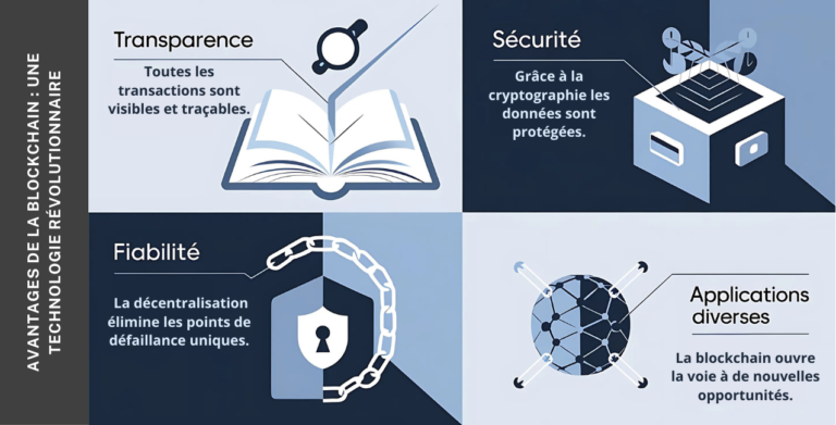 Infographie présentant les avantages clés de la blockchain : transparence des transactions, sécurité cryptographique, fiabilité grâce à la décentralisation, et nouvelles opportunités d’applications.