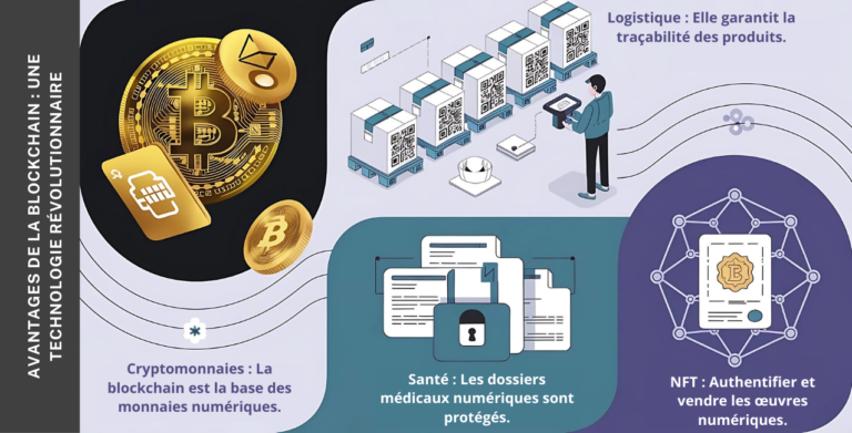 Illustration des applications de la blockchain : cryptomonnaies, traçabilité logistique, dossiers médicaux sécurisés, et authentification des œuvres numériques (NFT).