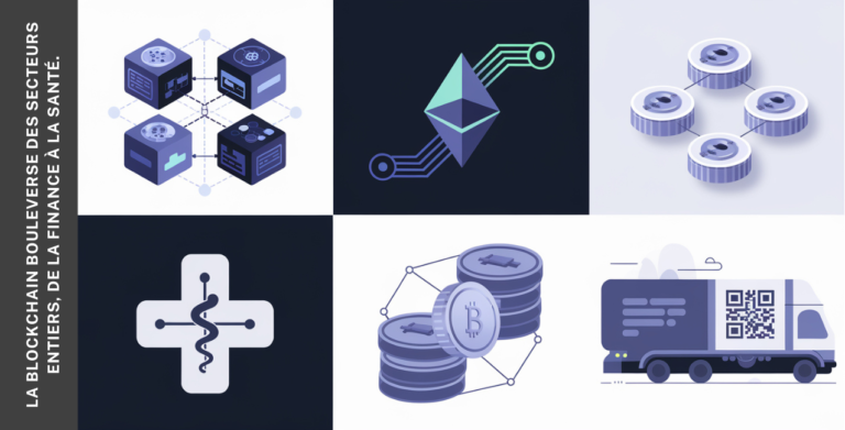 Infographie montrant les applications de la blockchain dans la finance, la santé, et la logistique, avec des icônes modernes et explicatives.