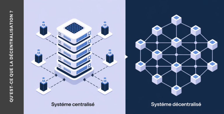 Comparaison entre un système centralisé et un système décentralisé, mettant en avant les réseaux de nœuds interconnectés.