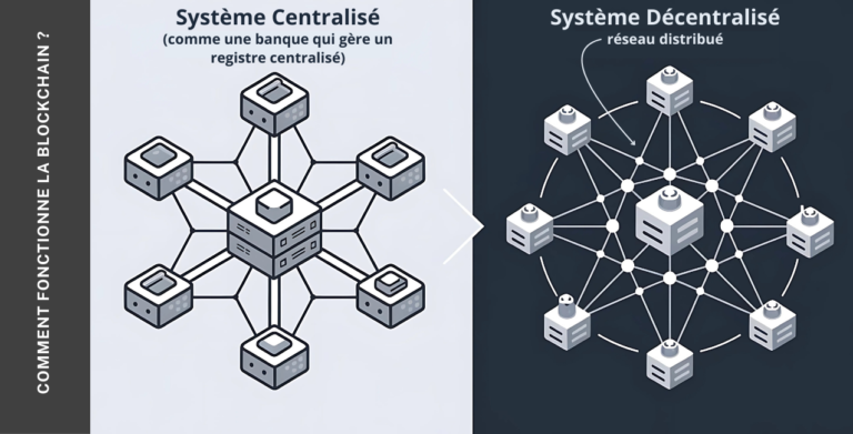 Comparaison entre un système centralisé, représenté par une structure en étoile avec un nœud central, et un système décentralisé, illustré par un réseau distribué.