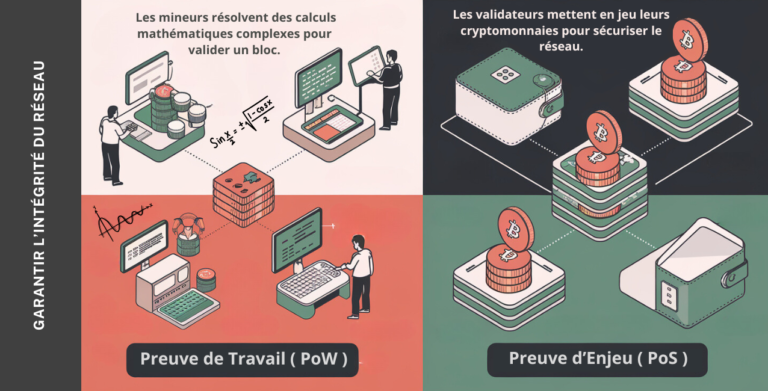 Illustration comparant la Preuve de Travail (PoW) et la Preuve d’Enjeu (PoS) pour sécuriser le réseau blockchain.